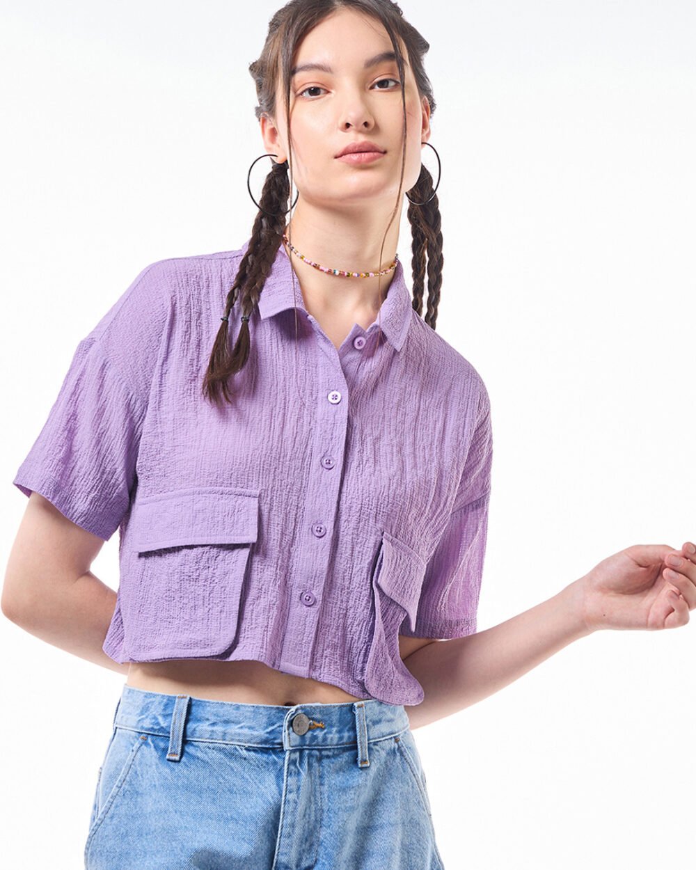 Buy Women's Purple Oversized Cargo Crop Shirt Online at Bewakoof