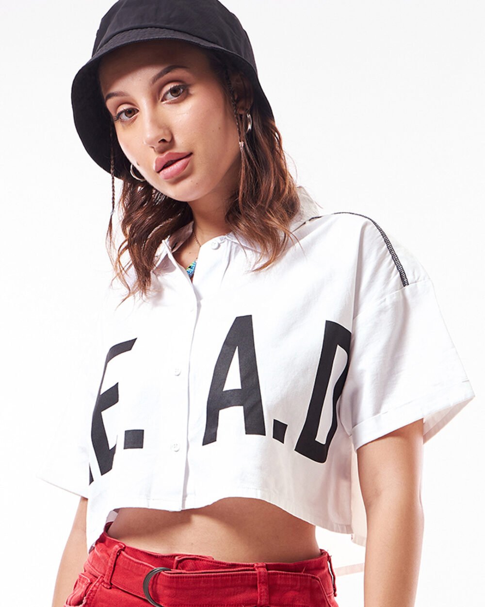 Buy Women's White Lead Typography Oversized Crop Shirt Online at Bewakoof