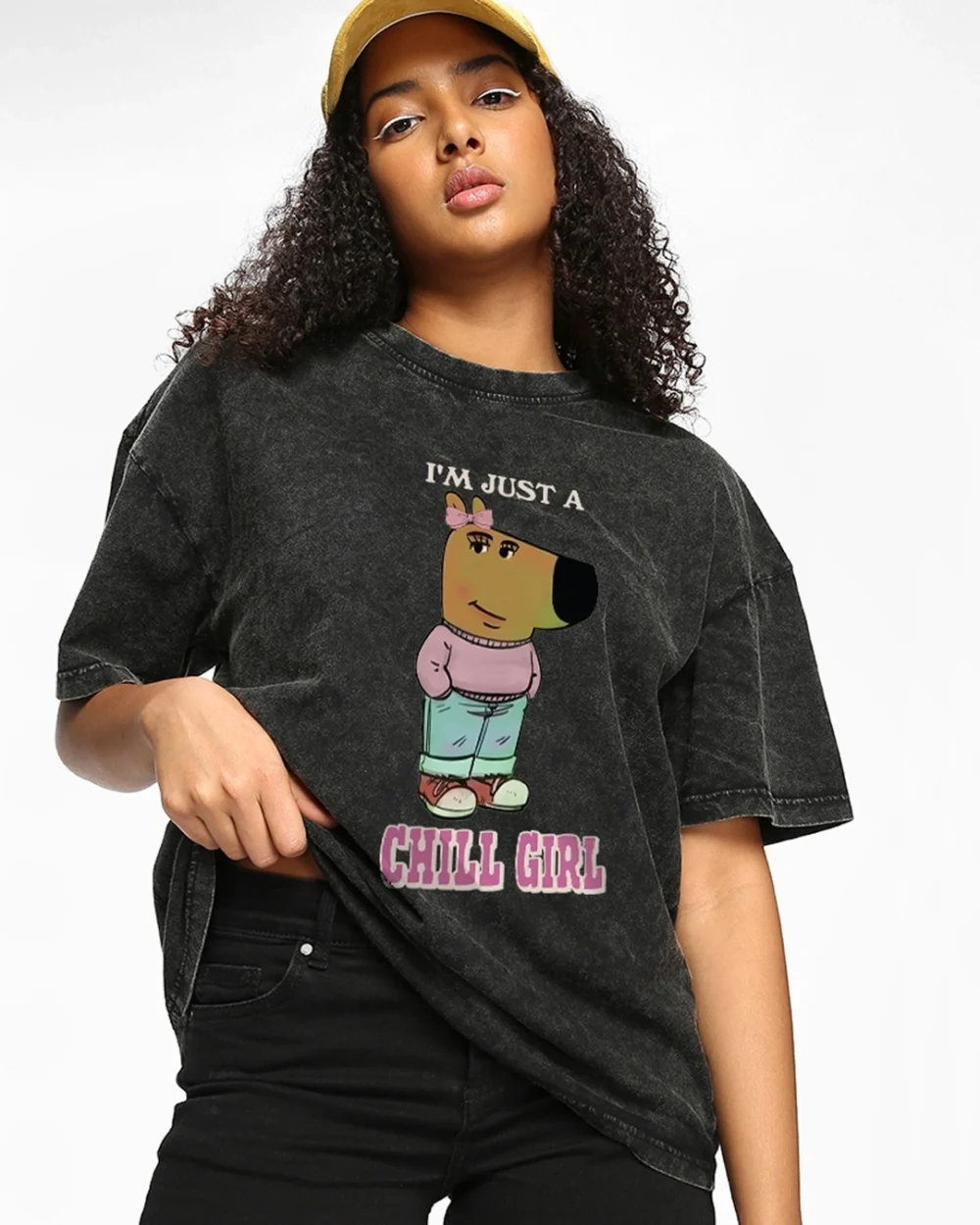 Women's Black Chill Girl Graphic Printed Oversized Acid Wash T-shirt