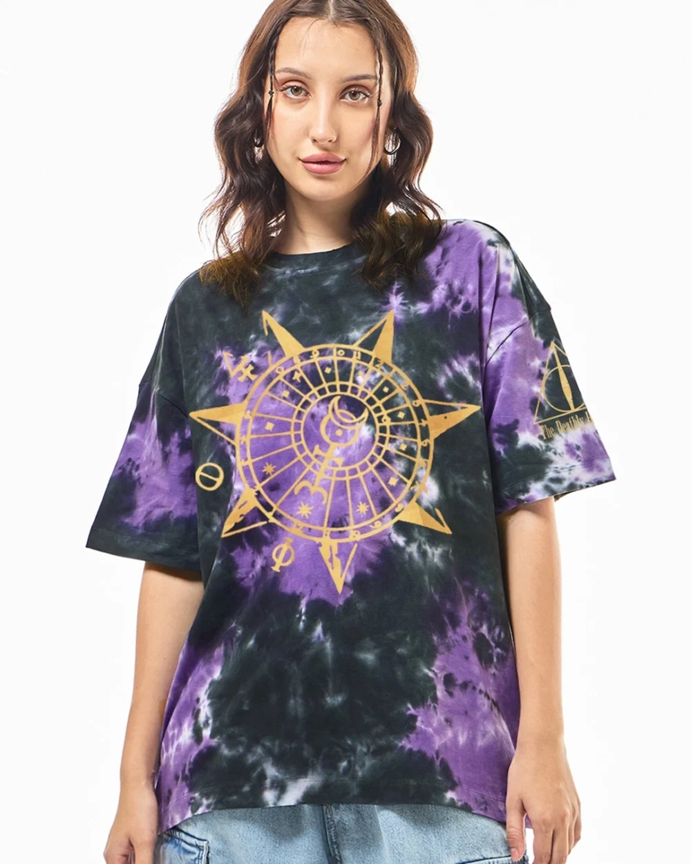 Women's Black & Purple Hallows Tie & Dye Oversized T-shirt