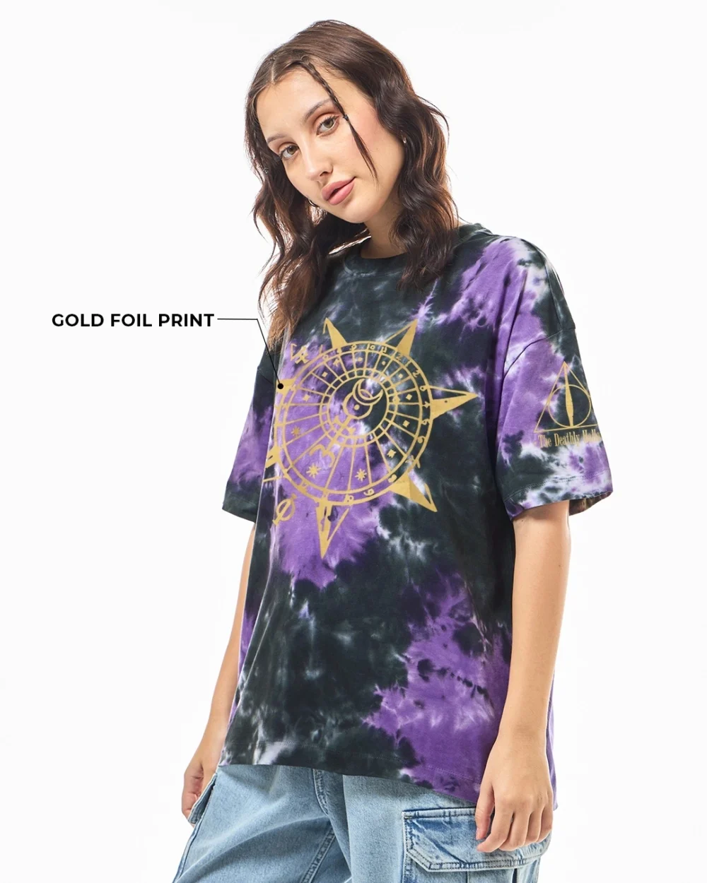 Women's Black & Purple Hallows Tie & Dye Oversized T-shirt - Image 7