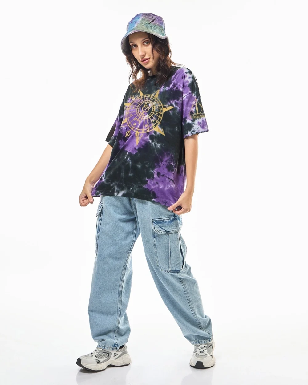 Women's Black & Purple Hallows Tie & Dye Oversized T-shirt - Image 4