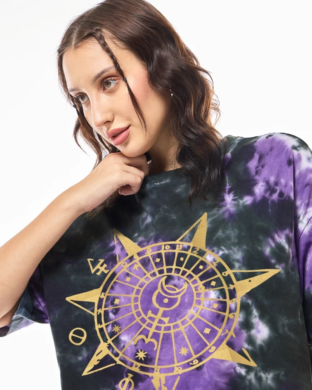 Women's Black & Purple Hallows Tie & Dye Oversized T-shirt - Image 3