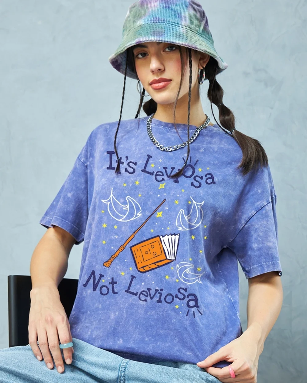 Women's Blue Leviosa Graphic Printed Oversized Acid Wash T-Shirt