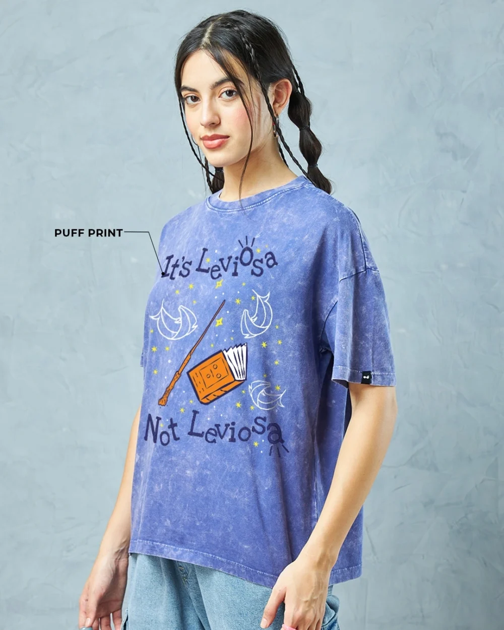 Women's Blue Leviosa Graphic Printed Oversized Acid Wash T-Shirt - Image 6