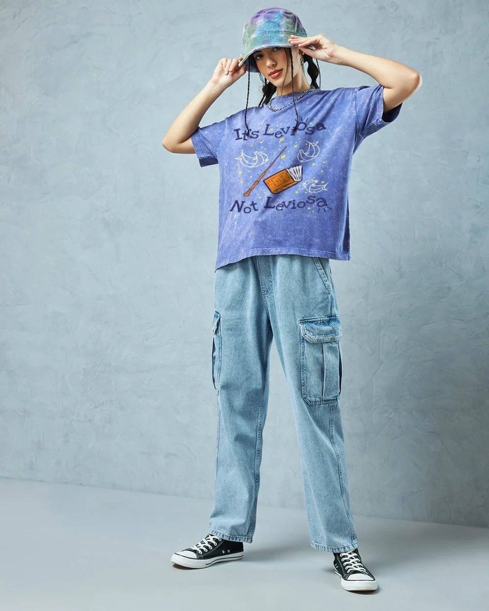 Women's Blue Leviosa Graphic Printed Oversized Acid Wash T-Shirt - Image 3