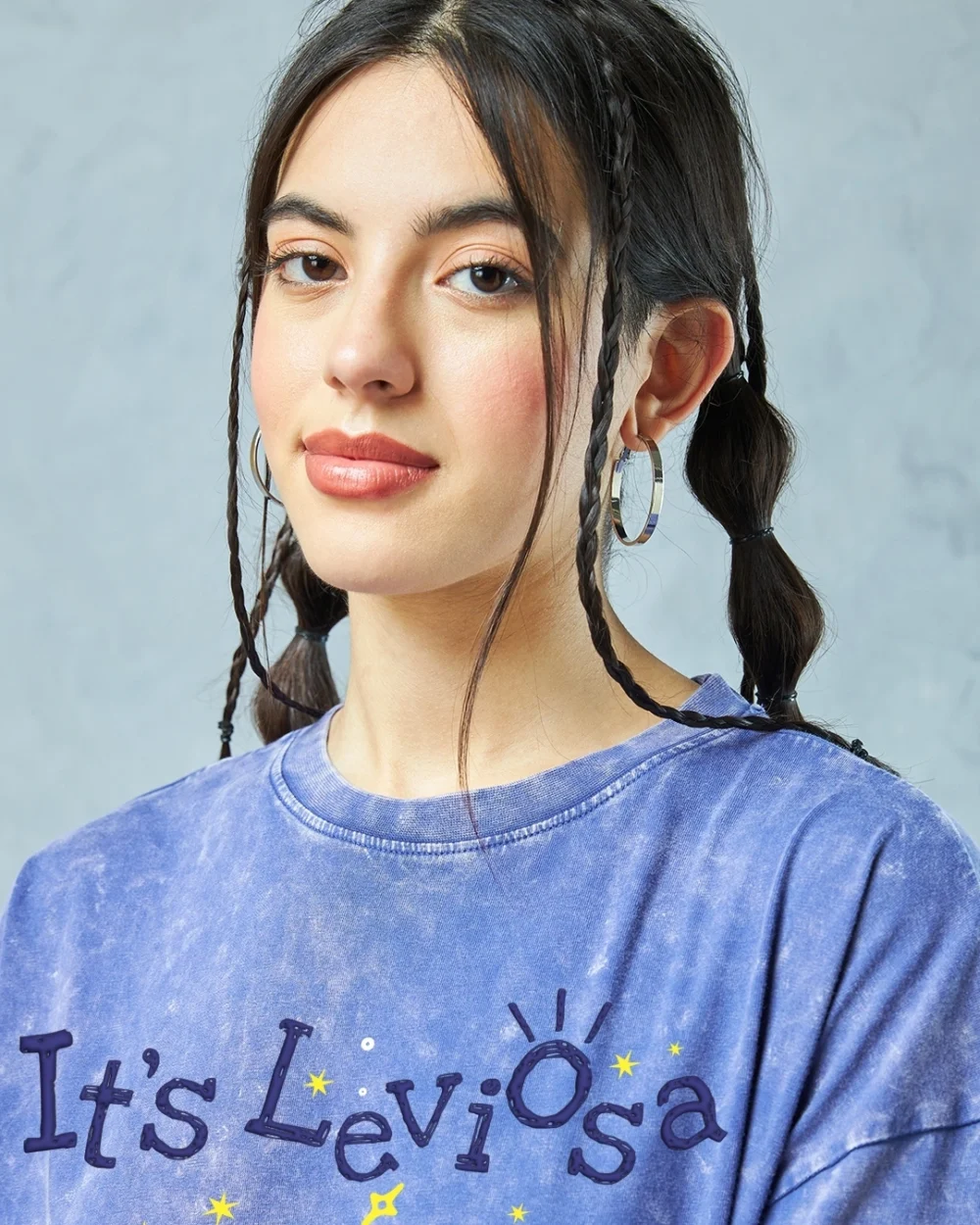 Women's Blue Leviosa Graphic Printed Oversized Acid Wash T-Shirt - Image 2