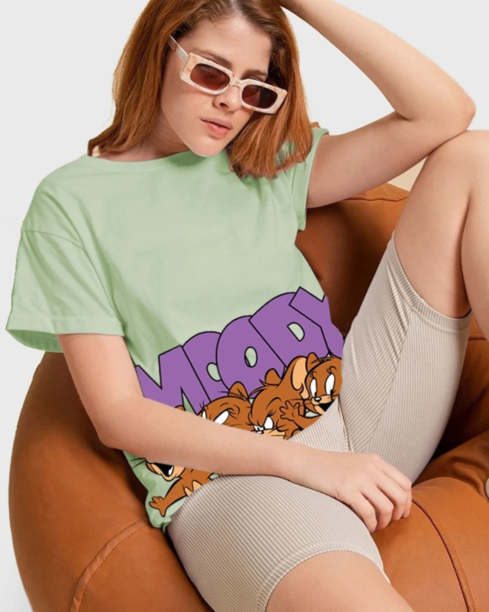 Women's Green Moody Jerry Graphic Printed Boyfriend T-shirt