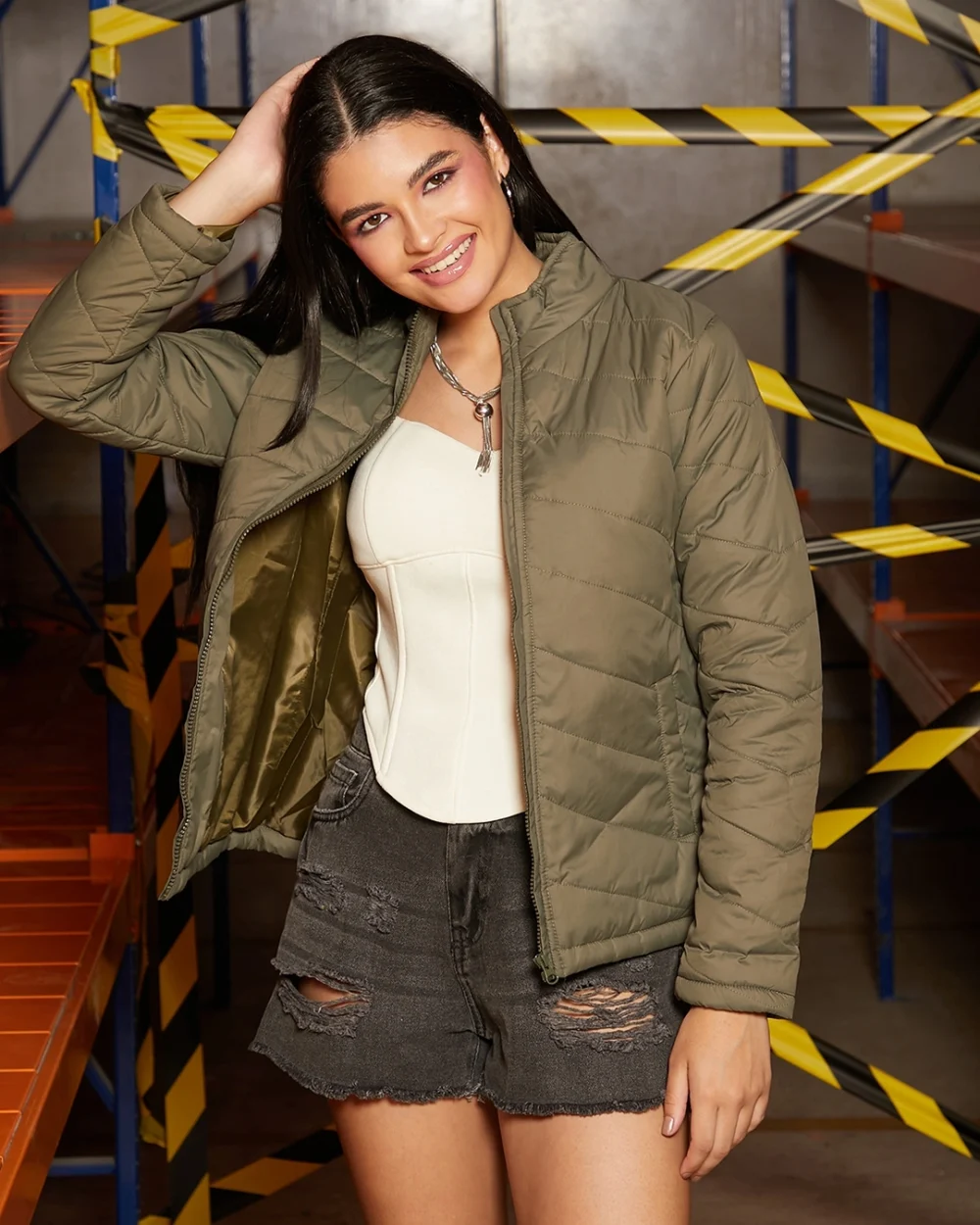 Women's Olive Green Puffer Jacket - Image 6