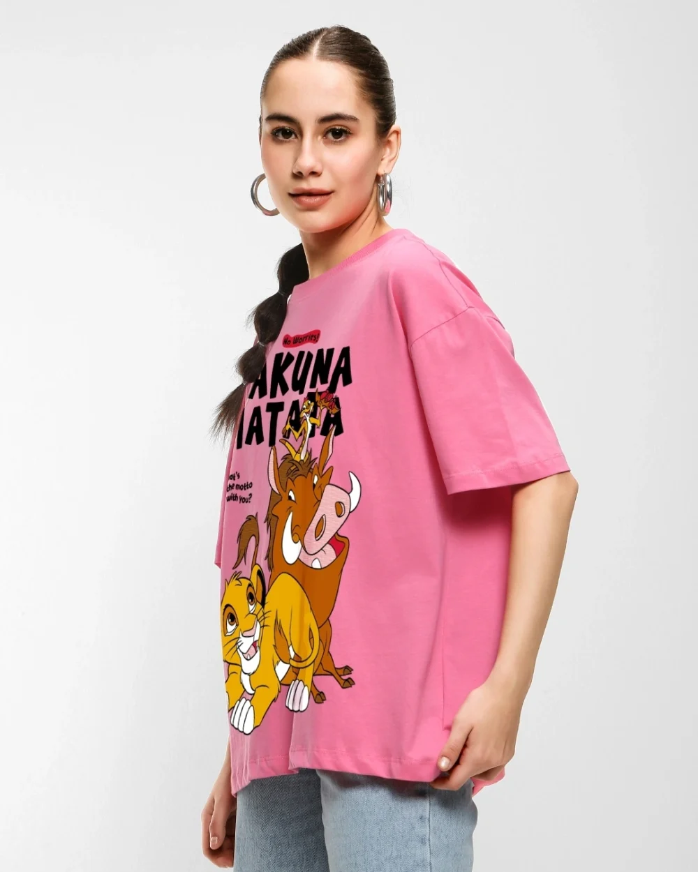 Women's Pink No Worries Graphic Printed Oversized T-shirt - Image 2