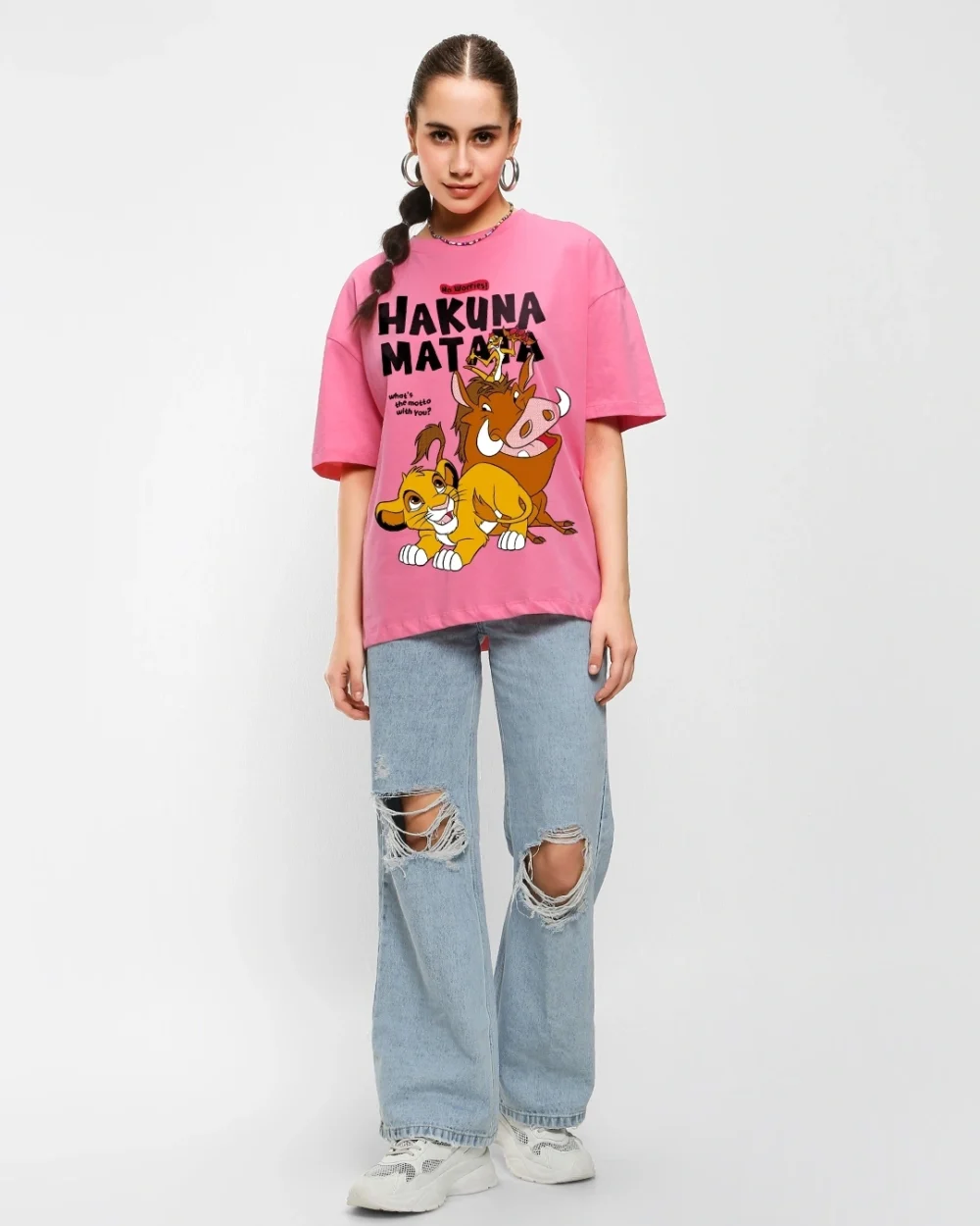 Women's Pink No Worries Graphic Printed Oversized T-shirt - Image 5